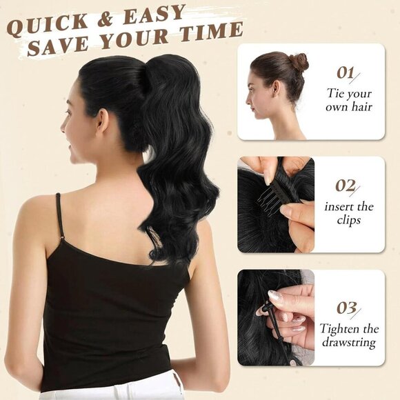 Drawstring Ponytail Extension 16 Inch Synthetic Black Wavy Hair for Women main image 4